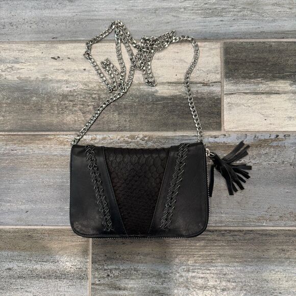 New Braided Black Leather Clutch Wallet Purse Removable Long Chain Zipper Close - Picture 5 of 8